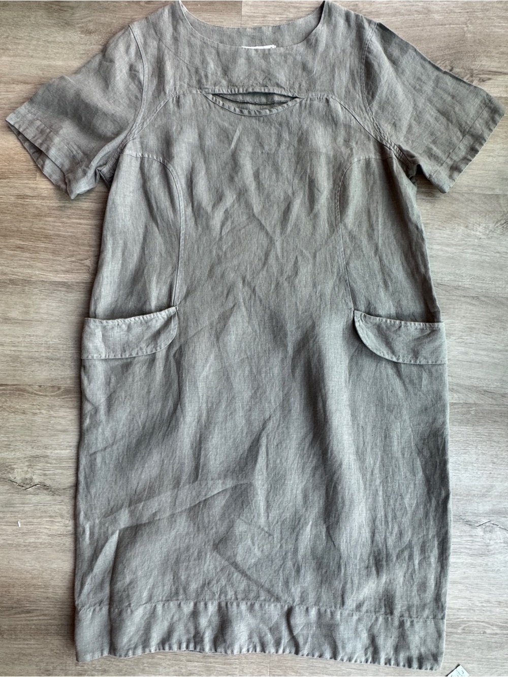 Haris Cotton Made in Greece 100% Linen Shift Dress Cutout Chest Front Pocket L